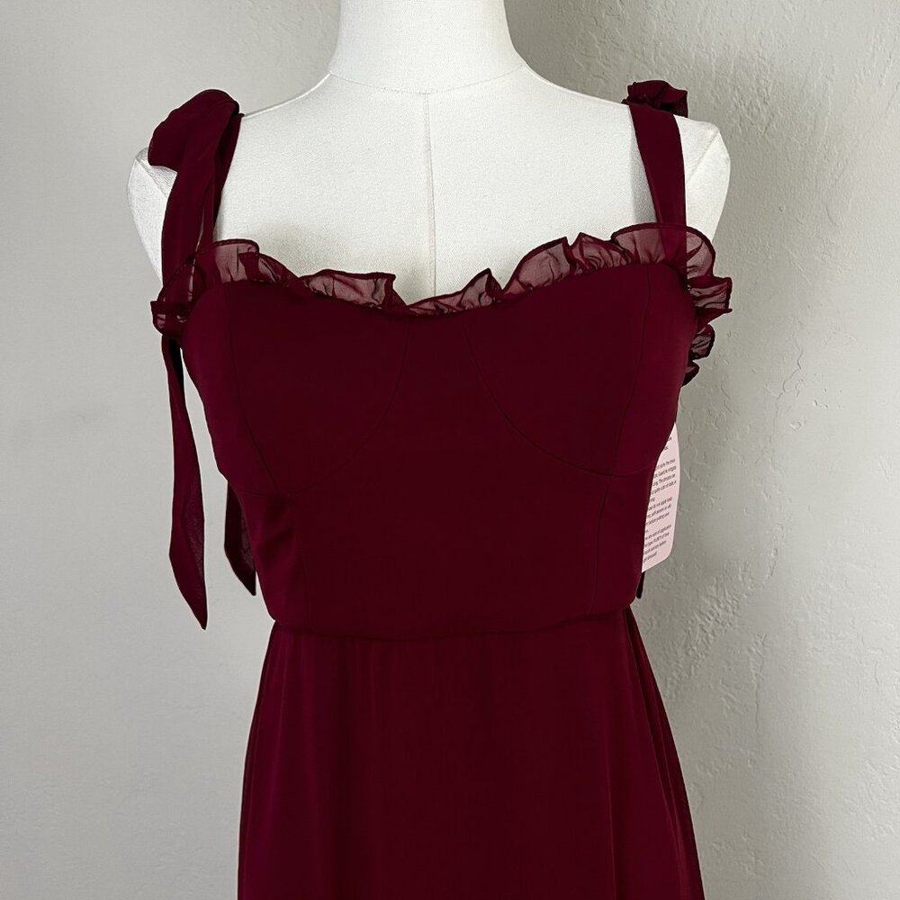 After Six 1570 Size 2 Burgundy Tie-Shoulder Bustier‎ Ruffle Hem Maxi Dress NEW - Picture 2 of 12